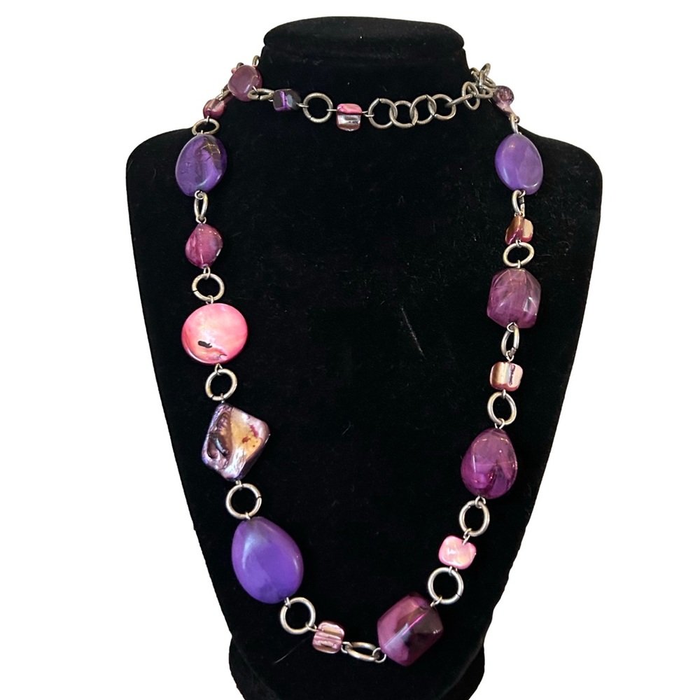 Purple Silver Beaded Long Necklace